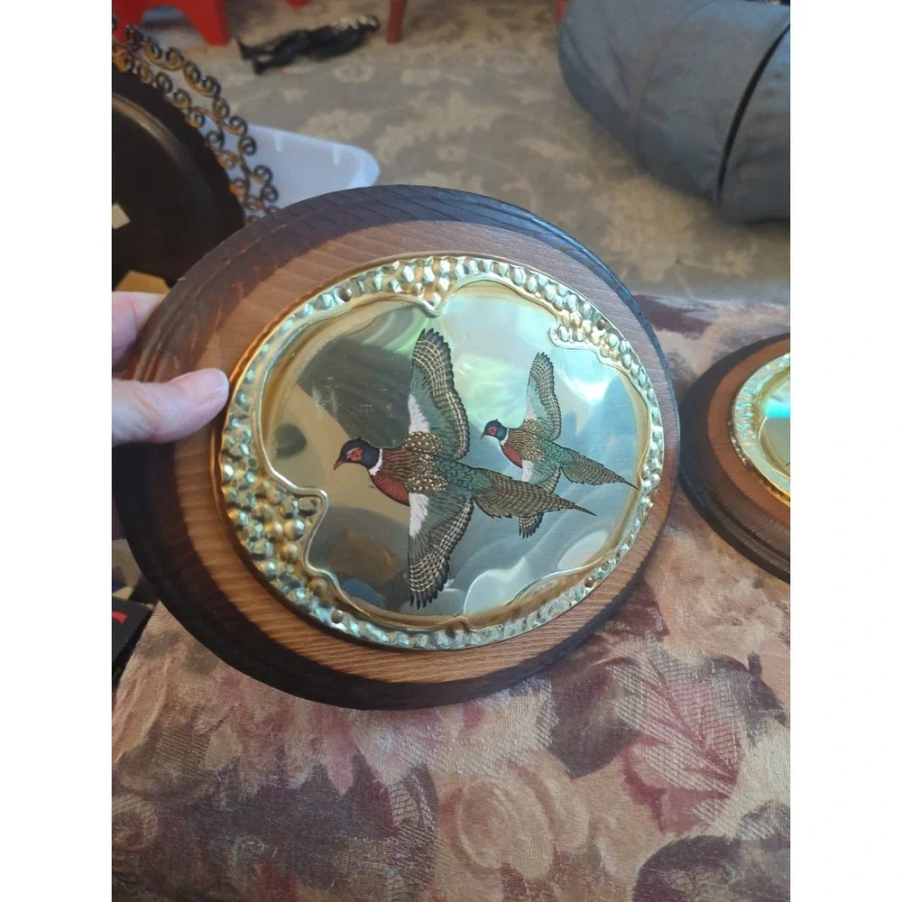 2 MCM Vintage Pheasant Brass Wall Hangers Plaques Decor Hunting Birds